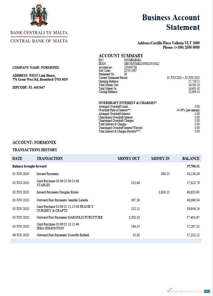 Download Central Bank of Malta firm account statement Word and PDF template (1) Photoshop template